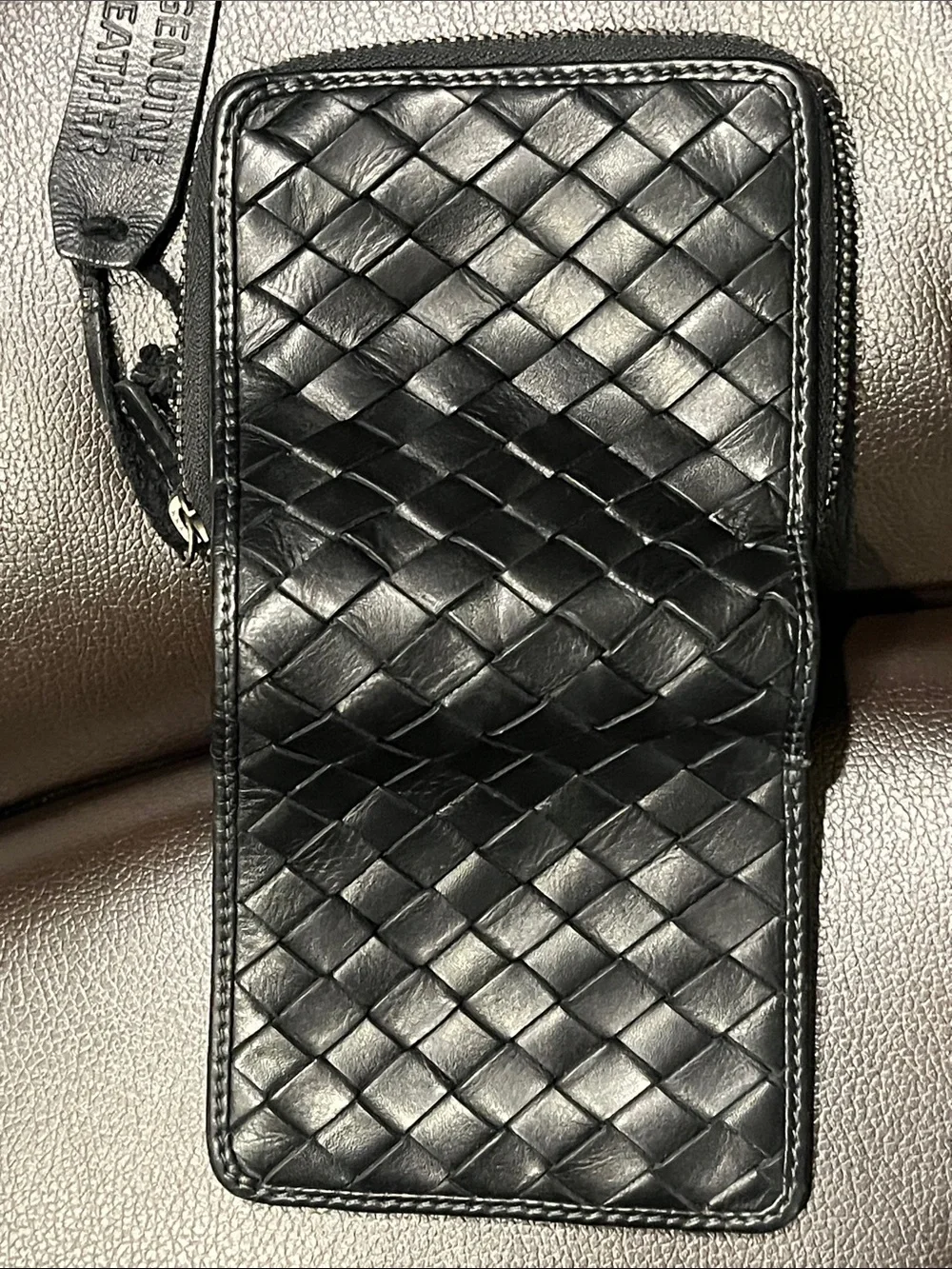 Compact Genuine Leather Black Woven Zip-Around & Snap Bi-fold Wallet EUC